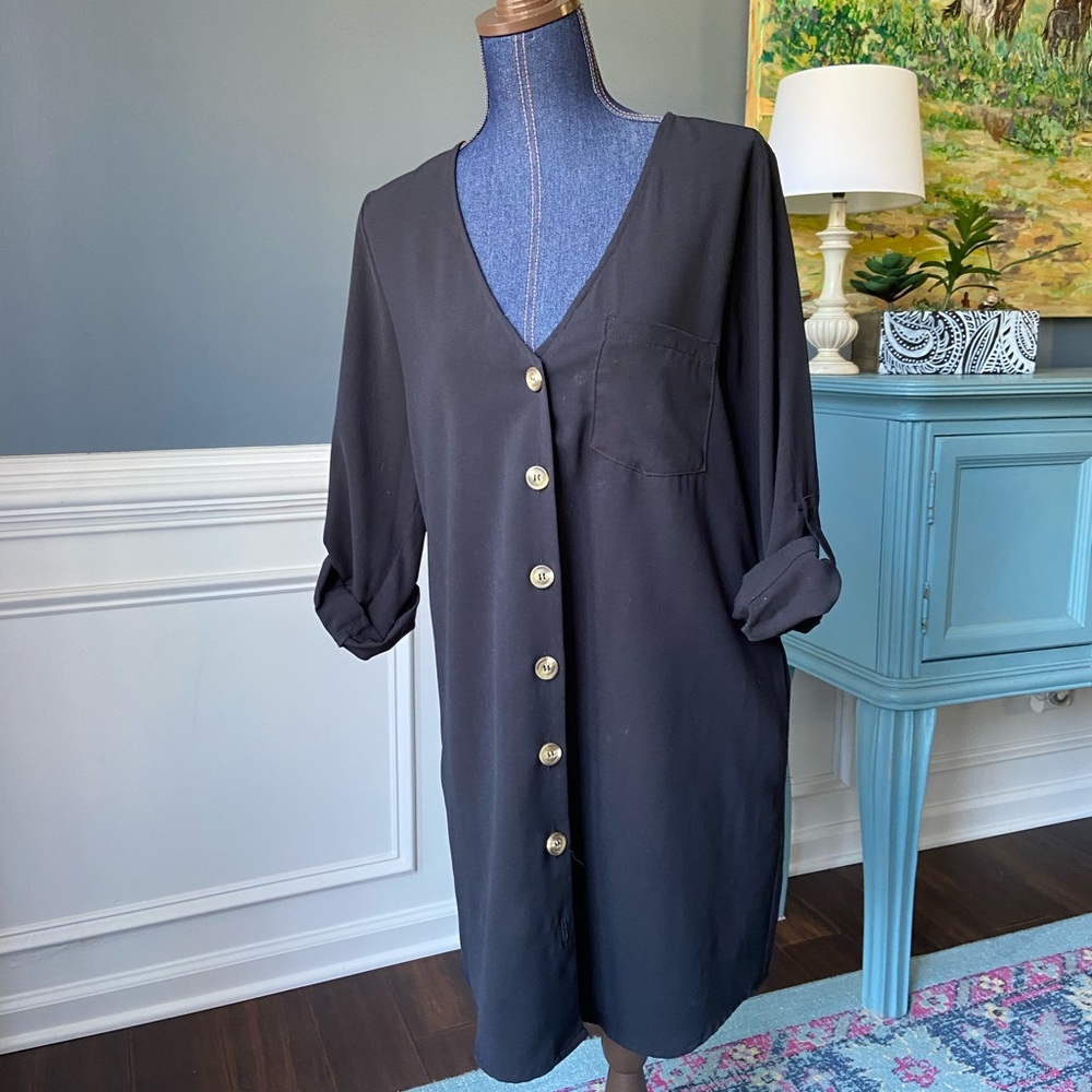 Entro Sz L Black Button Up w Pockets Tunic Dress